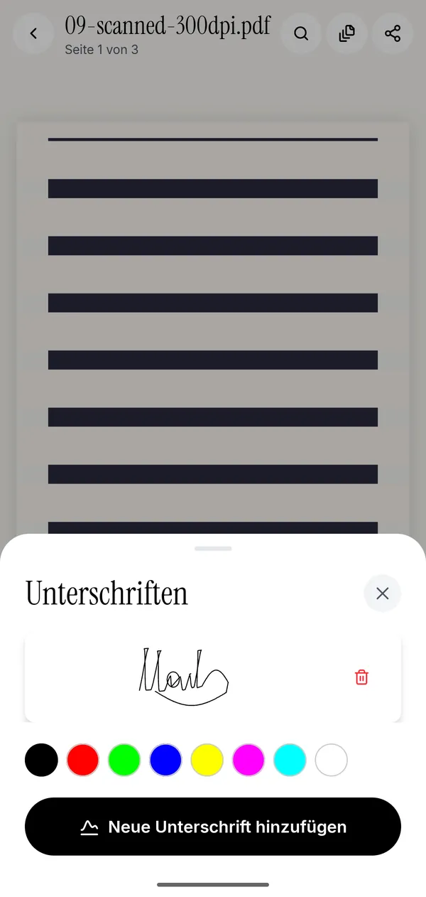 Unterschrift in Kyneto PDF mit dem Finger zeichnen, bevor sie auf der Seite platziert wird