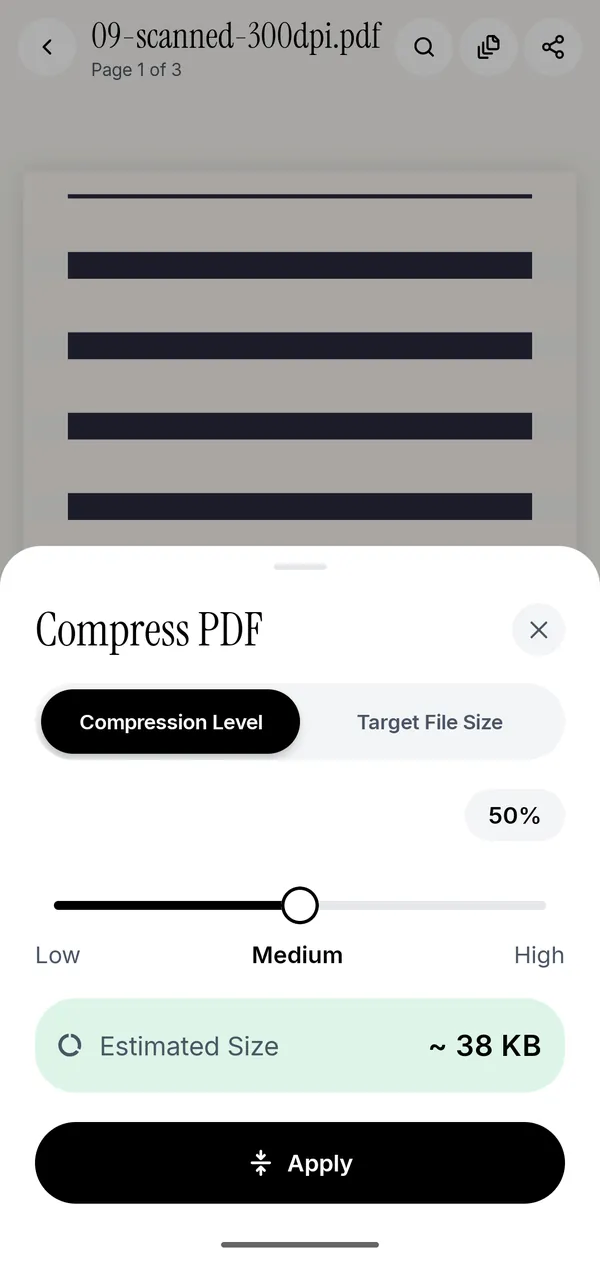 The Compress PDF sheet in Kyneto PDF, with the compression level slider and the estimated output size