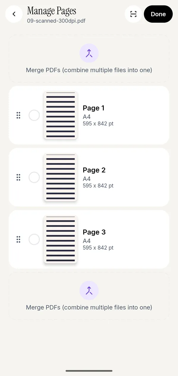 Manage Pages in Kyneto PDF with page thumbnails that can be selected, reordered and rotated