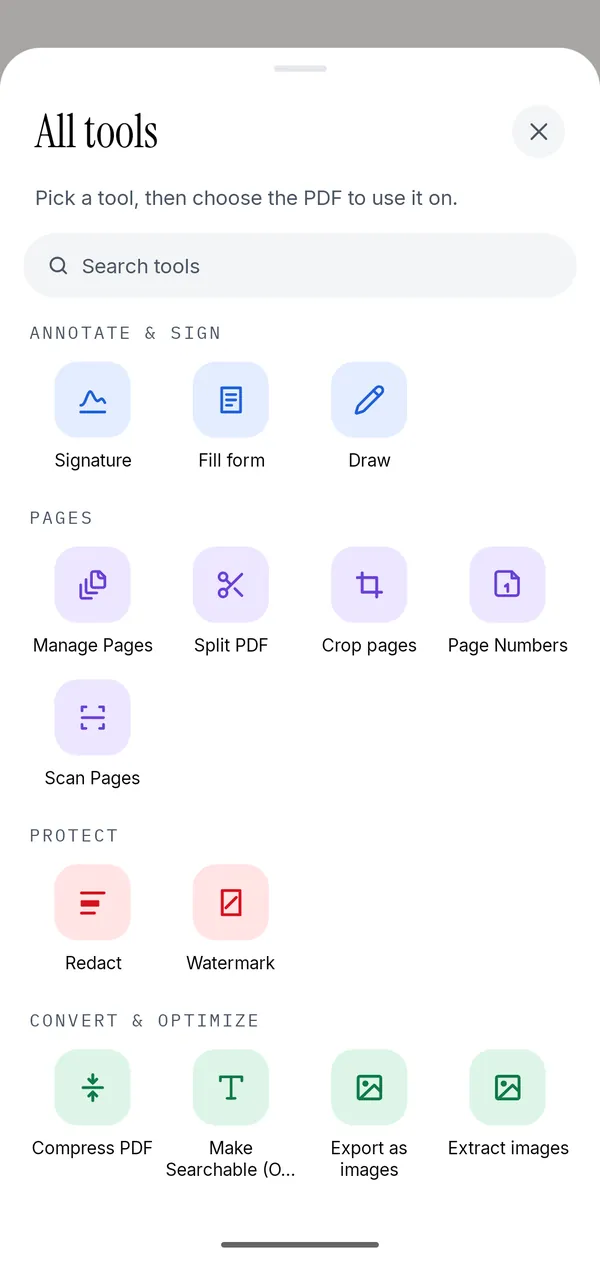 The Kyneto PDF tool catalogue, grouped into annotate, pages, protect and convert